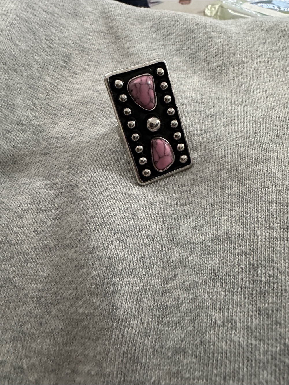 Silver-Tone Pink Stone Rectangular Statement Ring